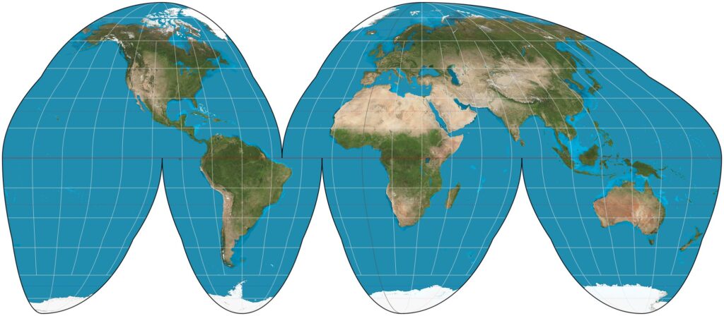 An image of Goode's Homosoline map projection, which is reminiscent of an orange peel when flattened